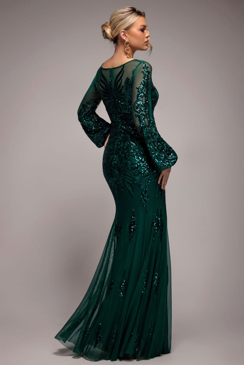 Emerald Green Goddiva Embellished Sequin Bishop Sleeve Maxi Dress