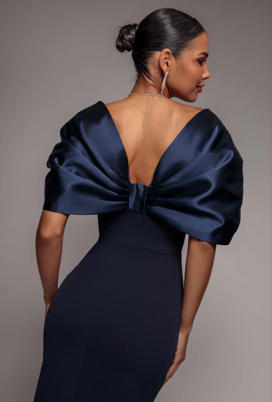 Navy Goddiva Off Shoulder Back Satin Bow Scuba Midi Dress