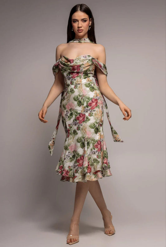 Cowl Neck Floral Print Jacquard Chiffon Tiered Midi Dress