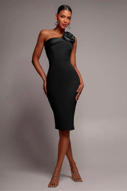 Black Goddiva One Shoulder Stretch Midi Dress.