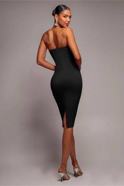 Black Goddiva One Shoulder Stretch Midi Dress.
