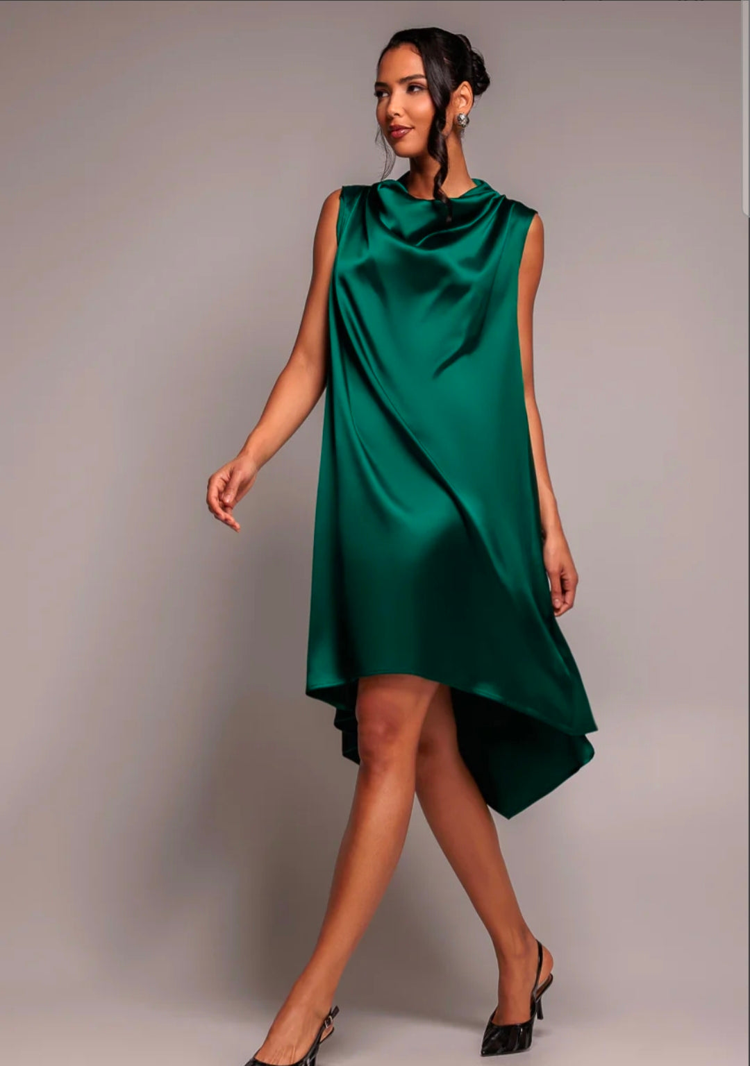 Goddiva Cowl Neck Back Wing Satin High Low Midi Dress