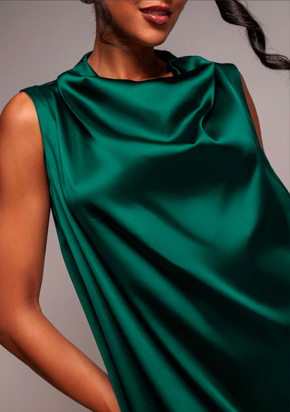Goddiva Cowl Neck Back Wing Satin High Low Midi Dress