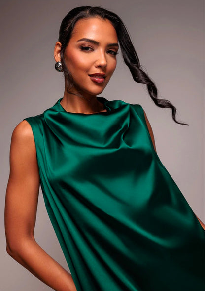 Goddiva Cowl Neck Back Wing Satin High Low Midi Dress