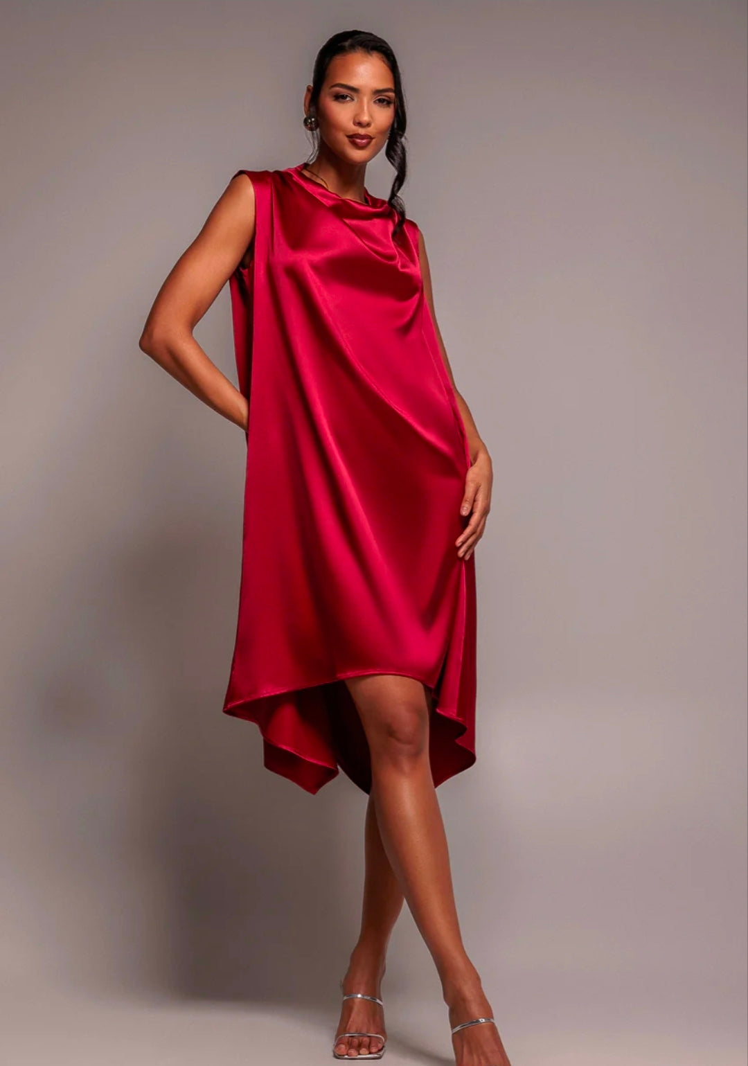 Goddiva Cowl Neck Back Wing Satin High Low Midi Dress