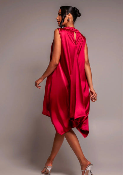 Goddiva Cowl Neck Back Wing Satin High Low Midi Dress