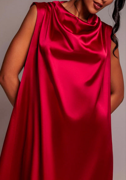 Goddiva Cowl Neck Back Wing Satin High Low Midi Dress