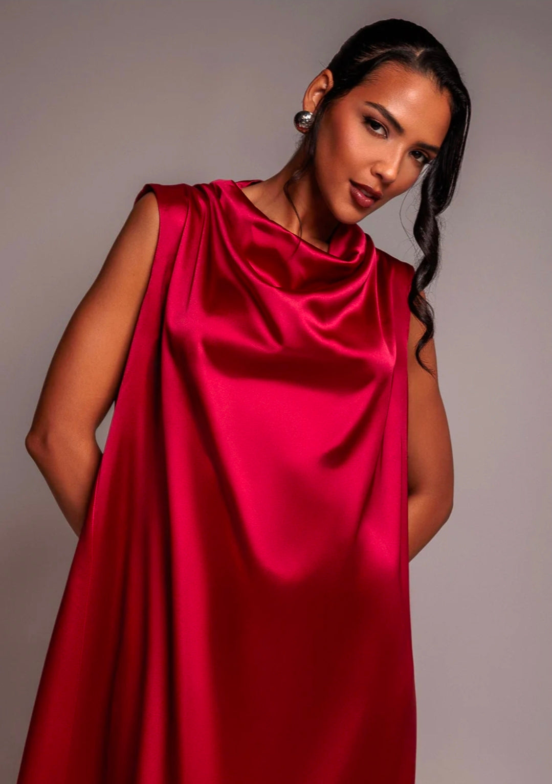 Goddiva Cowl Neck Back Wing Satin High Low Midi Dress