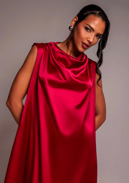 Goddiva Cowl Neck Back Wing Satin High Low Midi Dress