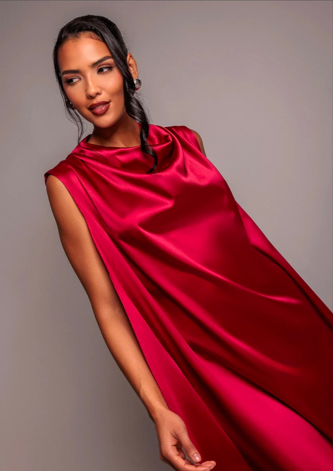Goddiva Cowl Neck Back Wing Satin High Low Midi Dress