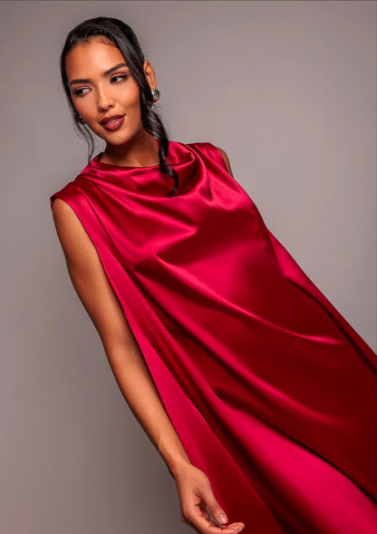 Goddiva Cowl Neck Back Wing Satin High Low Midi Dress