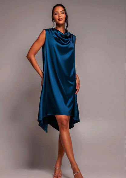 Goddiva Cowl Neck Back Wing Satin High Low Midi Dress