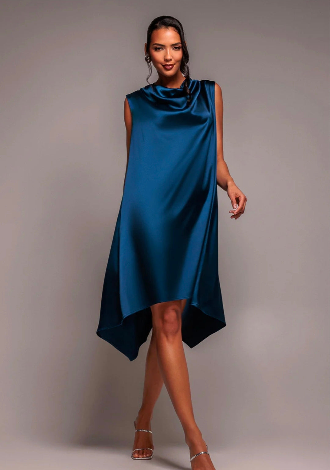 Goddiva Cowl Neck Back Wing Satin High Low Midi Dress