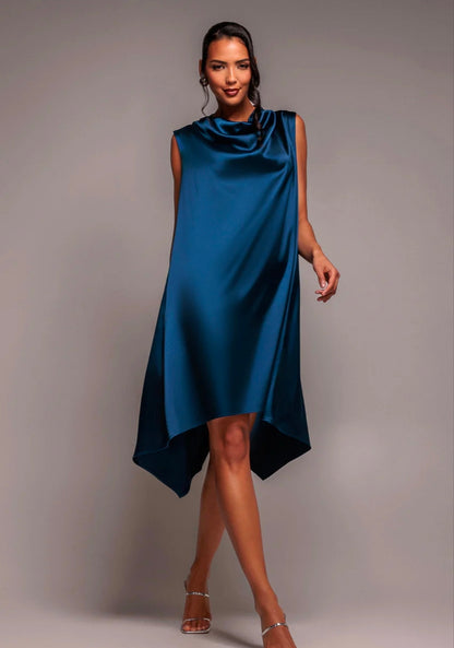 Goddiva Cowl Neck Back Wing Satin High Low Midi Dress