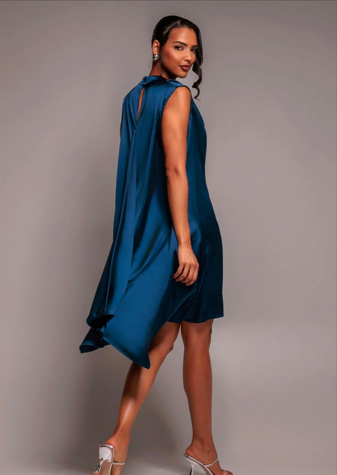 Goddiva Cowl Neck Back Wing Satin High Low Midi Dress