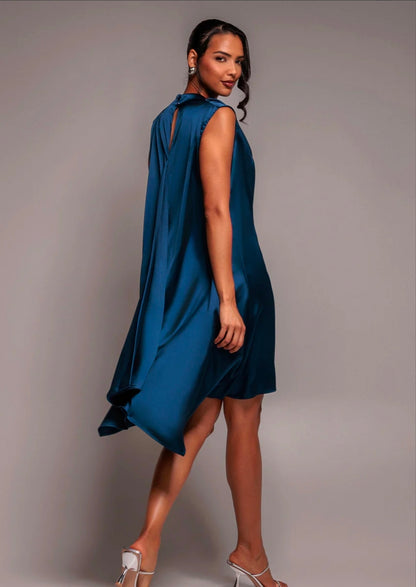 Goddiva Cowl Neck Back Wing Satin High Low Midi Dress
