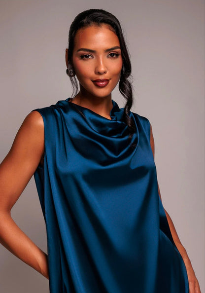 Goddiva Cowl Neck Back Wing Satin High Low Midi Dress