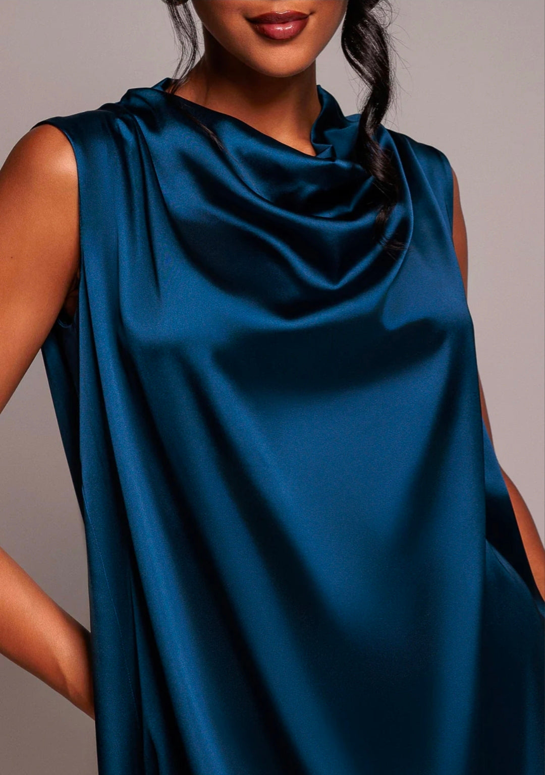 Goddiva Cowl Neck Back Wing Satin High Low Midi Dress