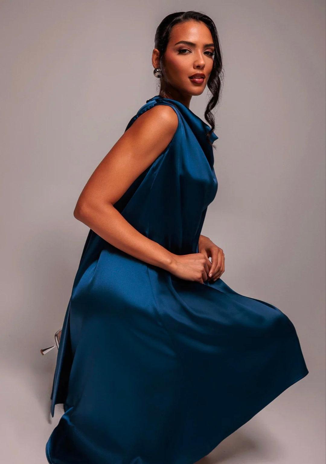Goddiva Cowl Neck Back Wing Satin High Low Midi Dress