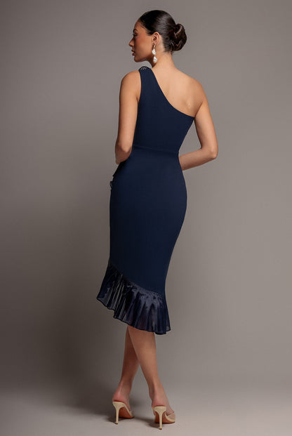 ONE SHOULDER POWDER BLUE PLEATED FAN MIDI DRESS BY GODDIVA