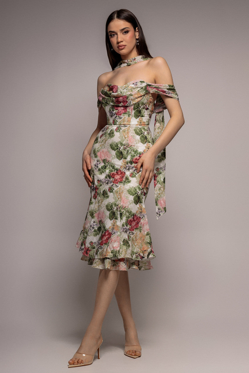 Cowl Neck Floral Print Jacquard Chiffon Tiered Midi Dress