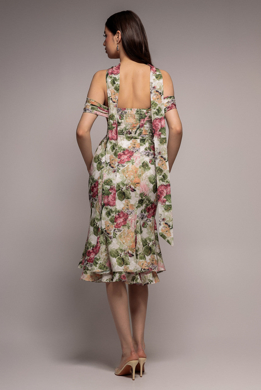 Cowl Neck Floral Print Jacquard Chiffon Tiered Midi Dress