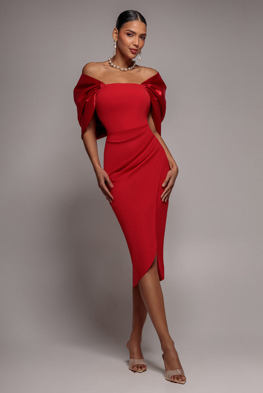 Red Goddiva Off Shoulder Back Satin Bow Scuba Midi Dress
