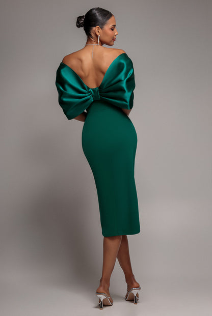 Emerald Goddiva Off Shoulder Back Satin Bow Scuba Midi Dress