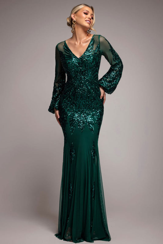 Emerald Green Goddiva Embellished Sequin Bishop Sleeve Maxi Dress
