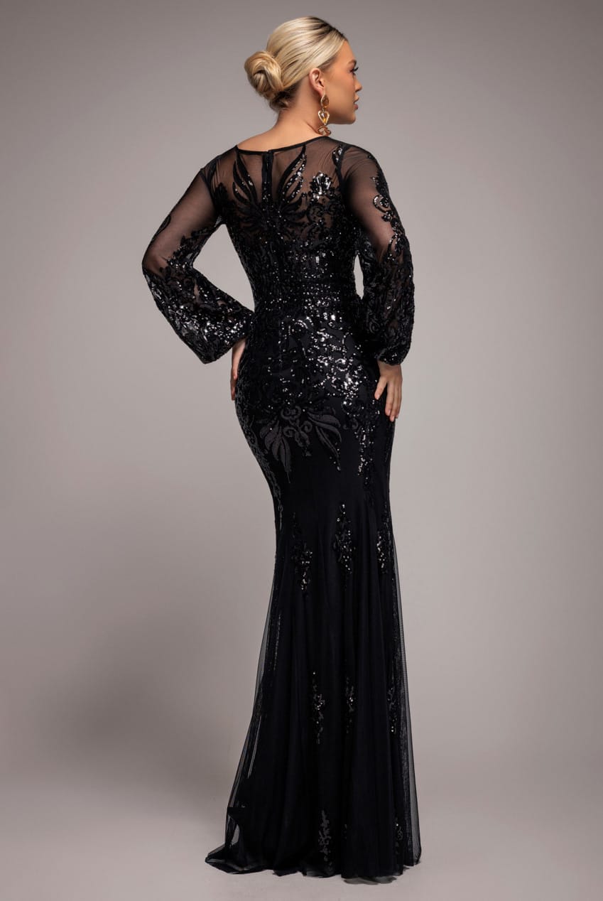 Black Goddiva Embellished Sequin Bishop Sleeve Maxi Dress