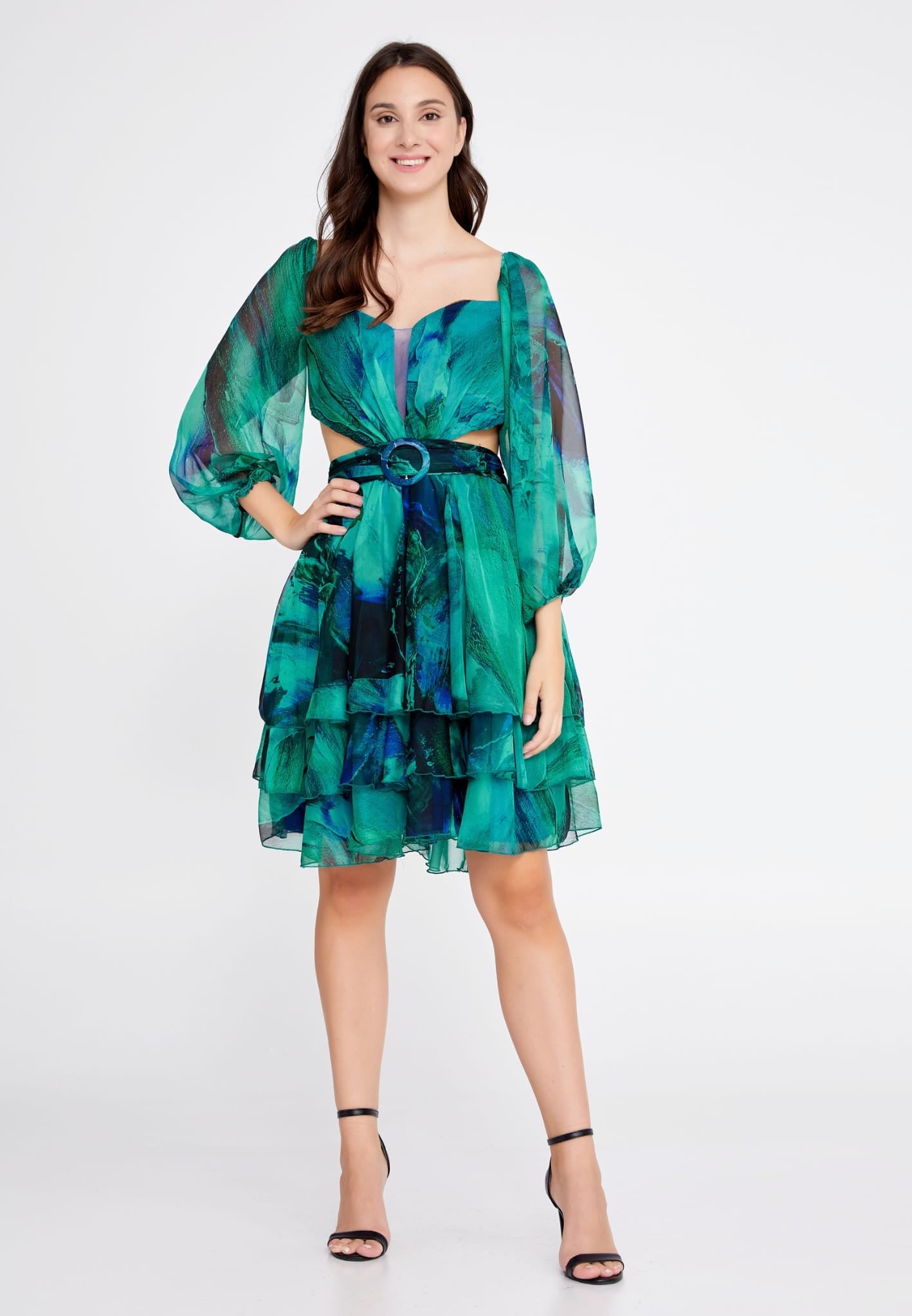 Green/Blue Off shoulder Mini Tuffle Column Regular Cocktail Dress.