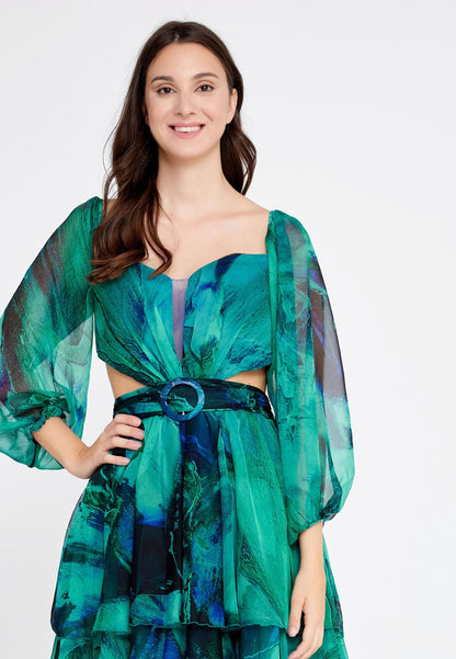 Green/Blue Off shoulder Mini Tuffle Column Regular Cocktail Dress.