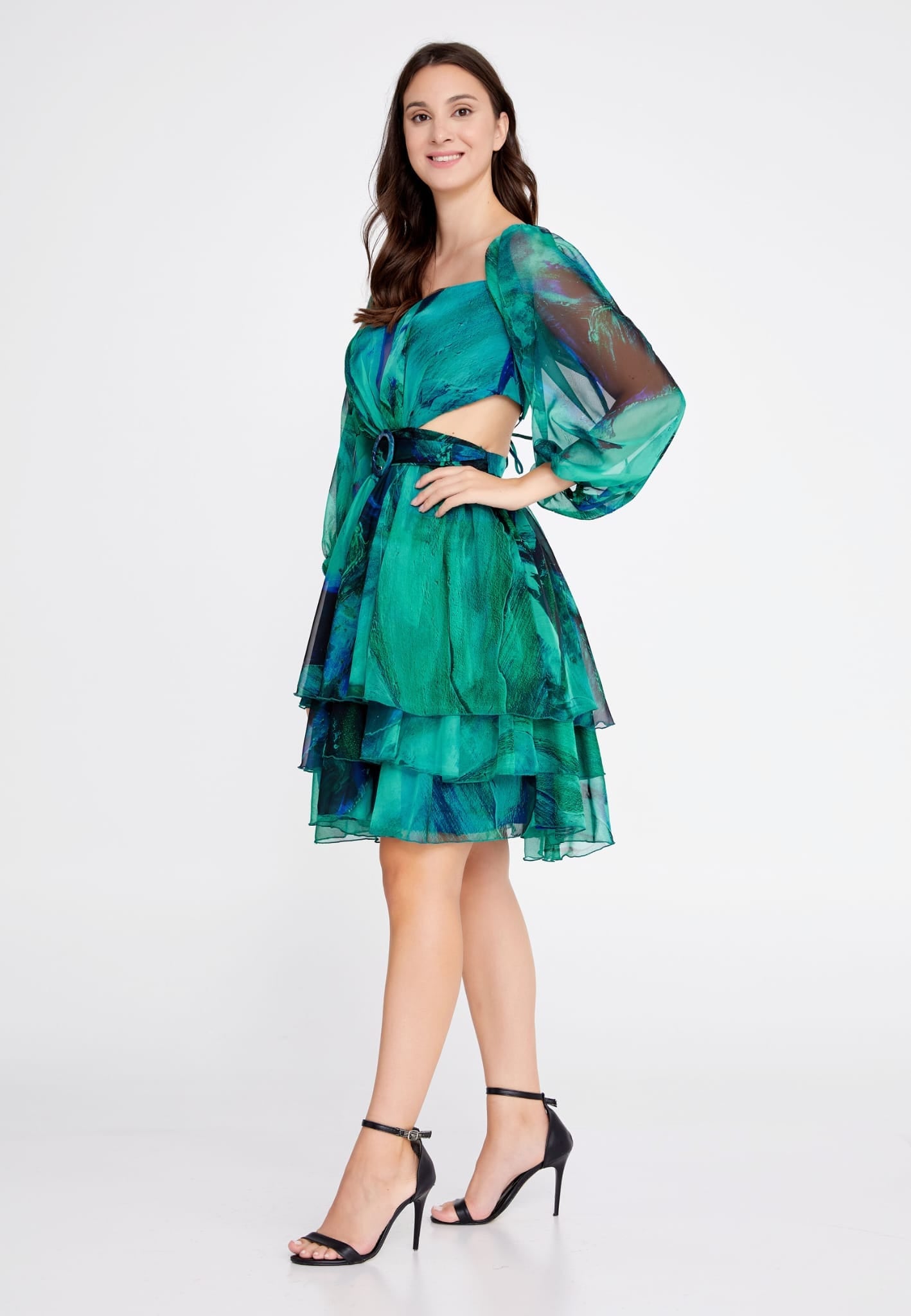 Green/Blue Off shoulder Mini Tuffle Column Regular Cocktail Dress.
