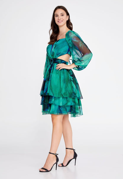 Green/Blue Off shoulder Mini Tuffle Column Regular Cocktail Dress.