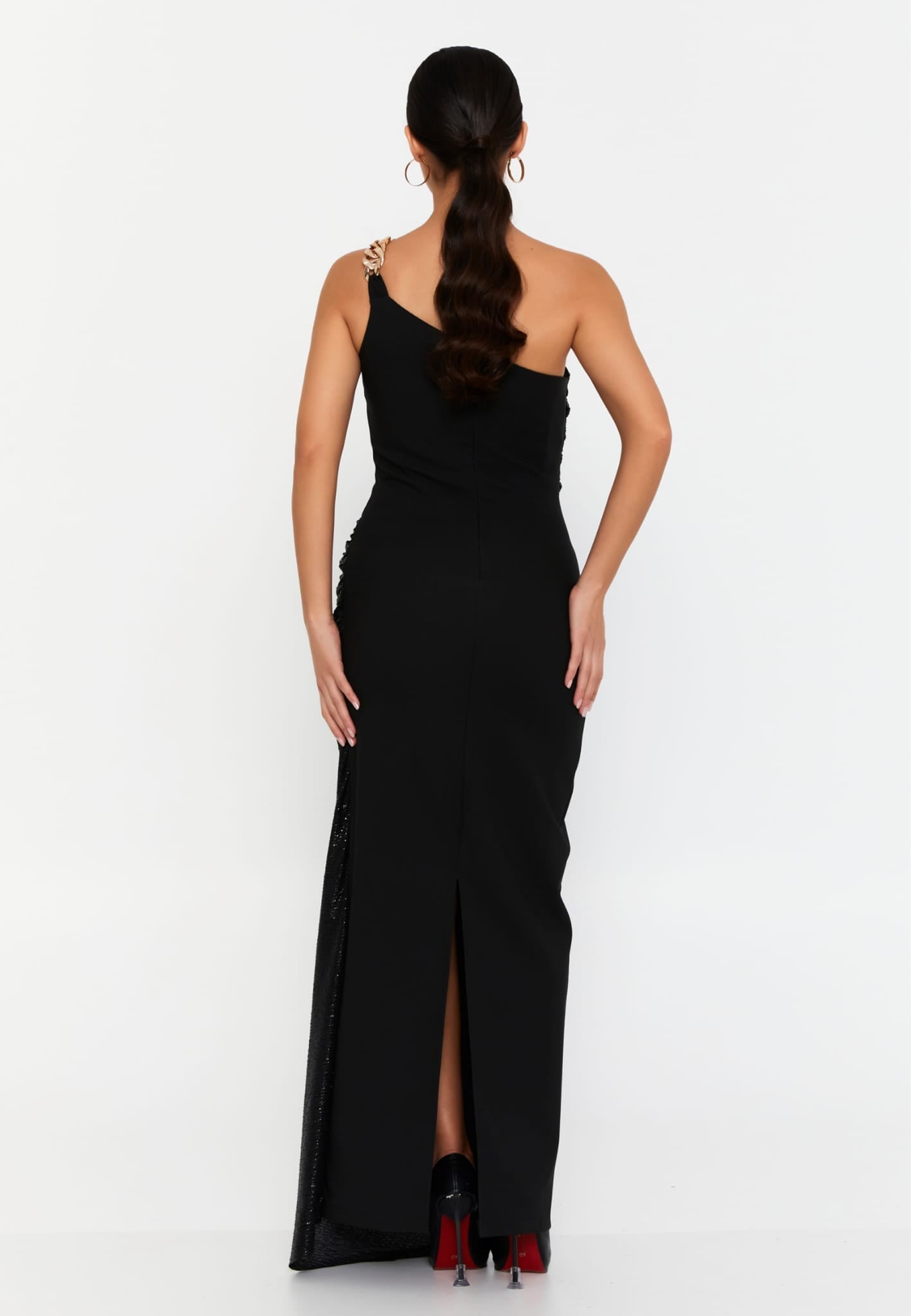 One Shoulder Black Maxi Viscouse Evening dress with gold embellishments