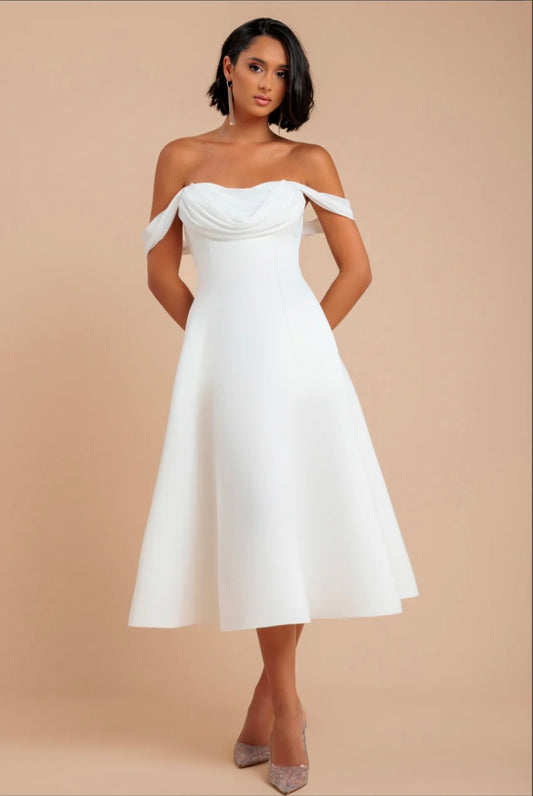 Cream Goddiva Sparkle Chiffon Cowl Bardot Skater Midi Dress