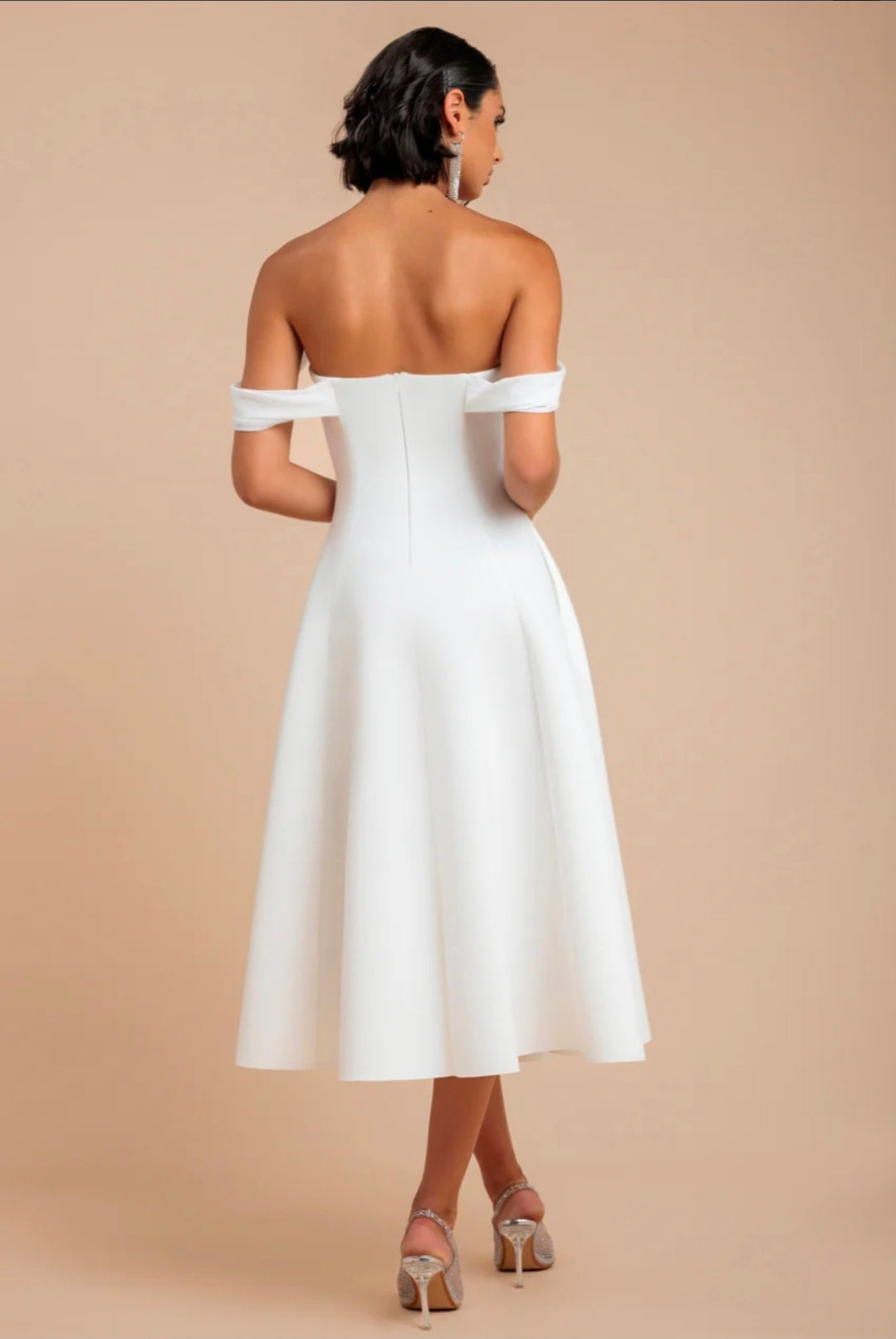 Cream Goddiva Sparkle Chiffon Cowl Bardot Skater Midi Dress