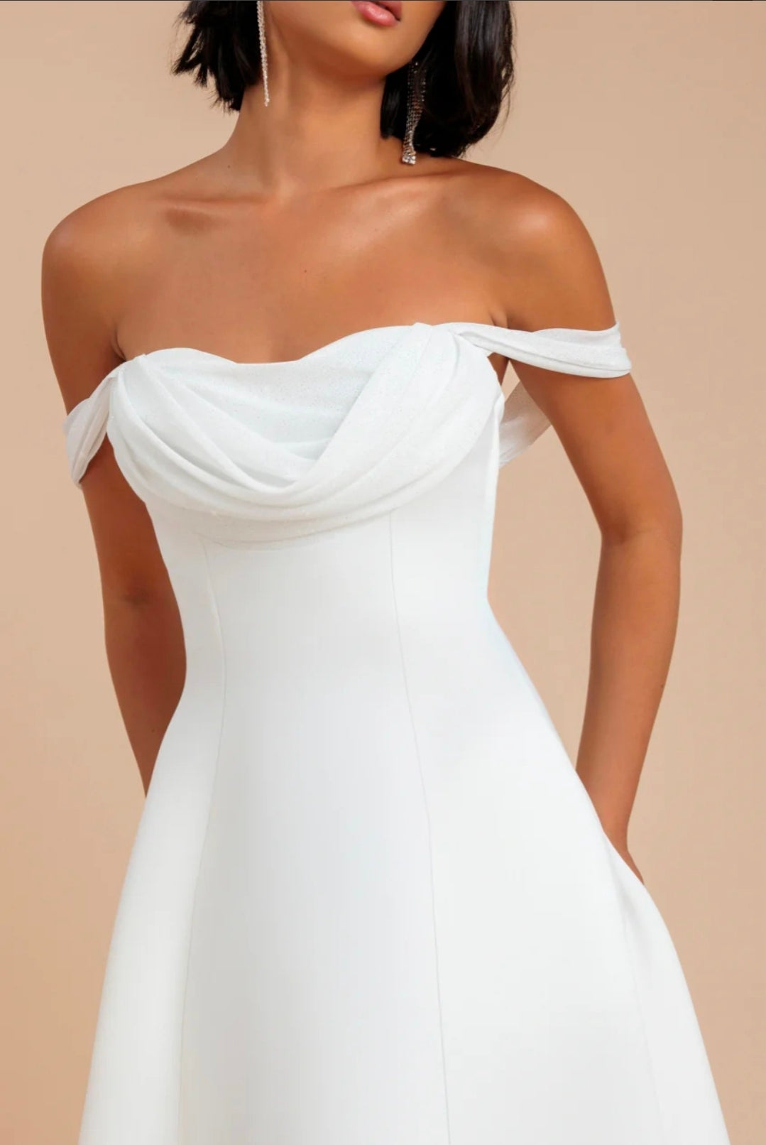 Cream Goddiva Sparkle Chiffon Cowl Bardot Skater Midi Dress