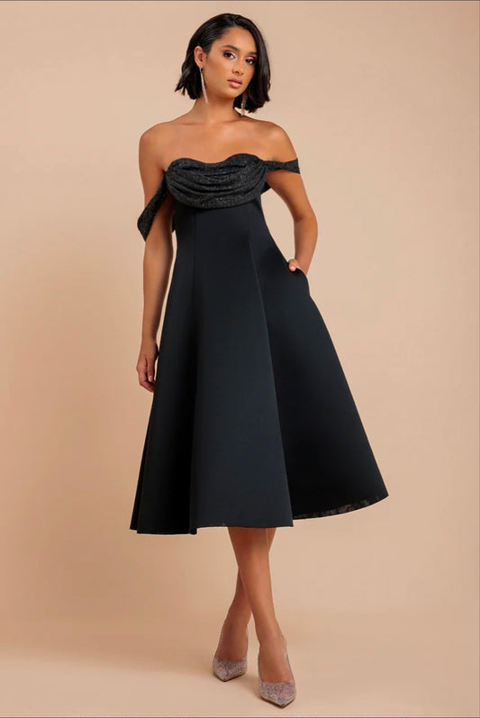 Black Goddiva Sparkle Chiffon Cowl Bardot Skater Midi Dress