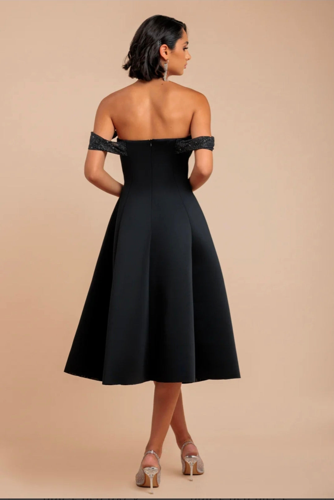 Black Goddiva Sparkle Chiffon Cowl Bardot Skater Midi Dress
