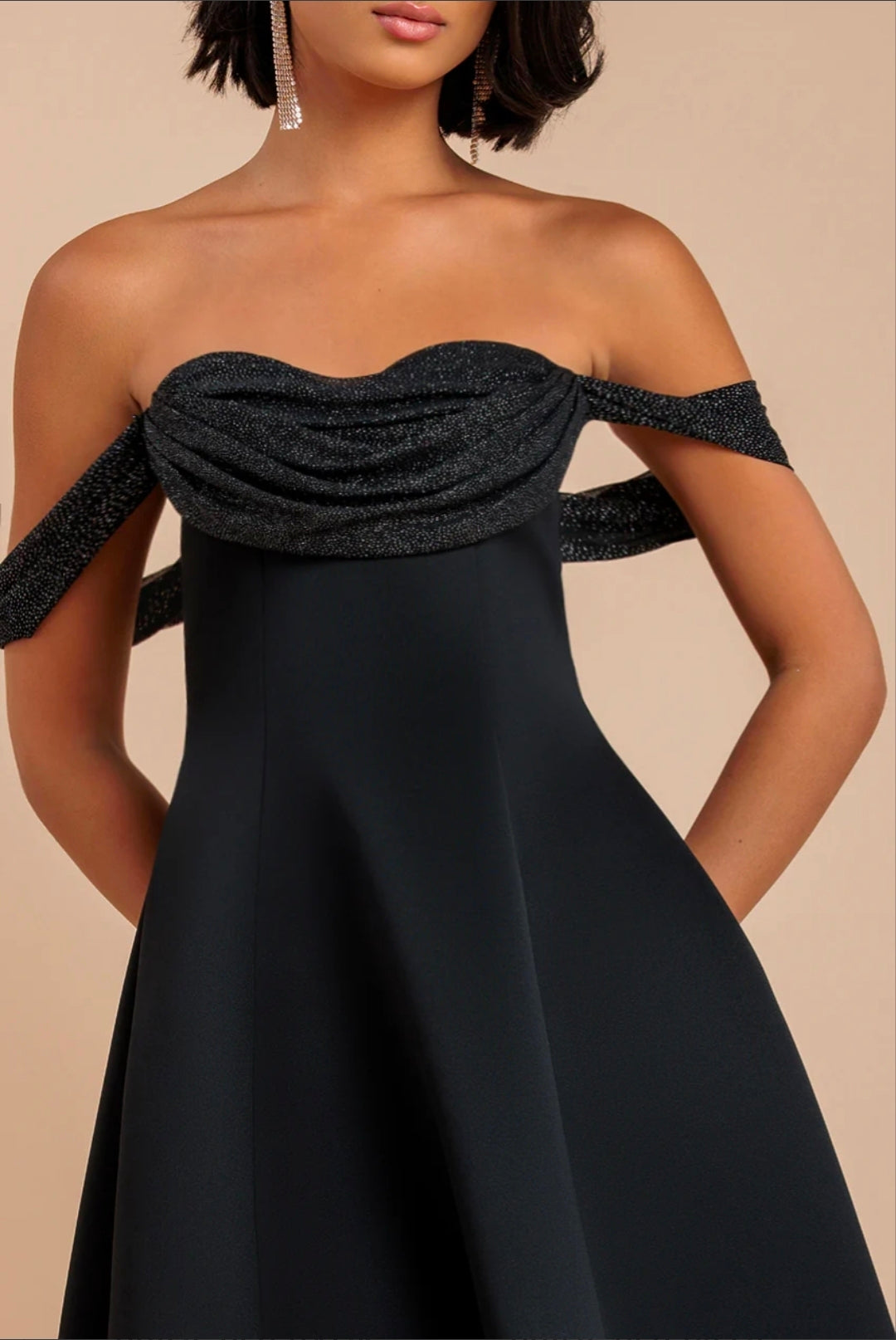 Black Goddiva Sparkle Chiffon Cowl Bardot Skater Midi Dress