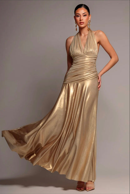 Gold Goddiva HALTERNECK EMPIRE WAIST GATHERED SUNRISE FOIL MAXI DRESS