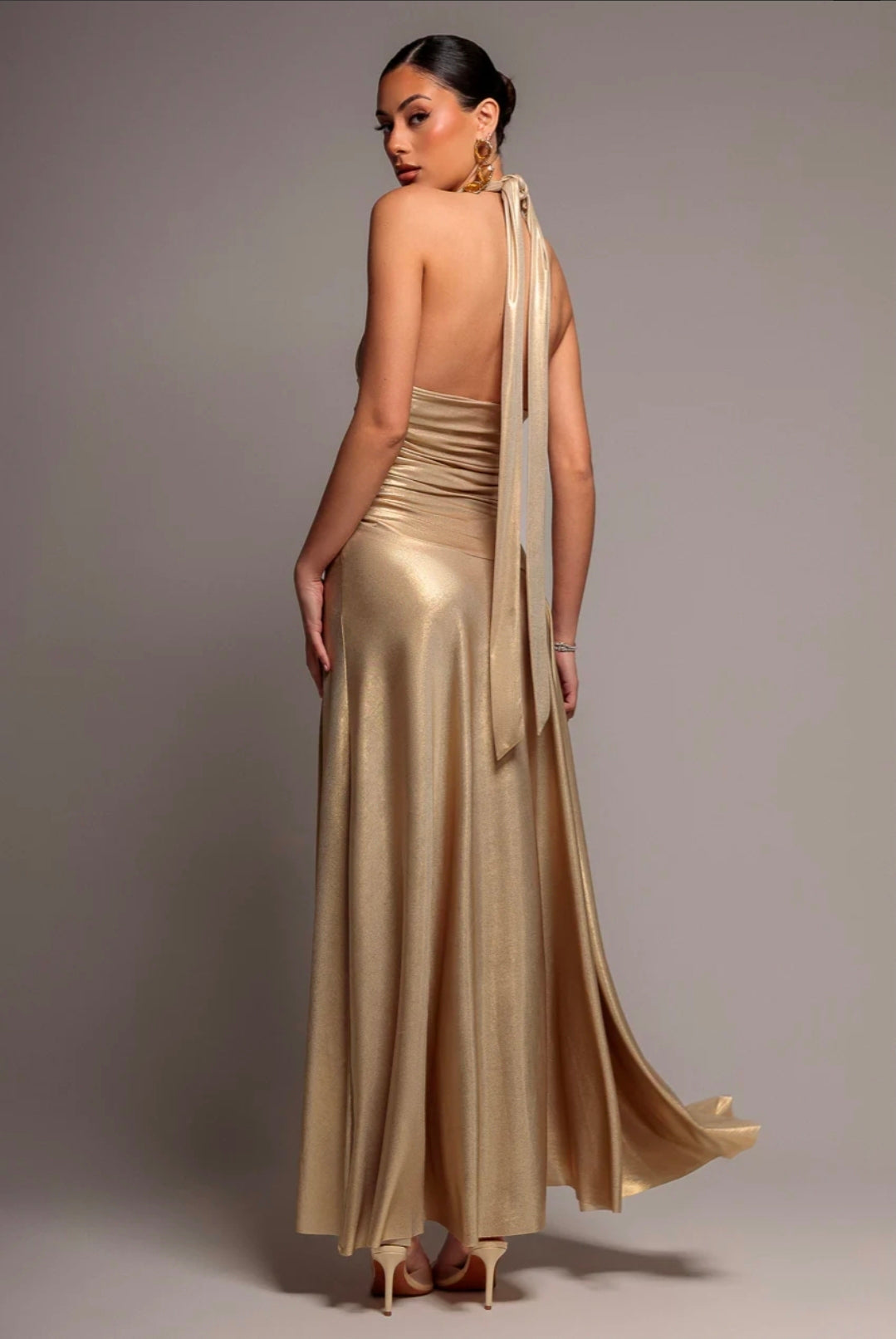 Gold Goddiva HALTERNECK EMPIRE WAIST GATHERED SUNRISE FOIL MAXI DRESS