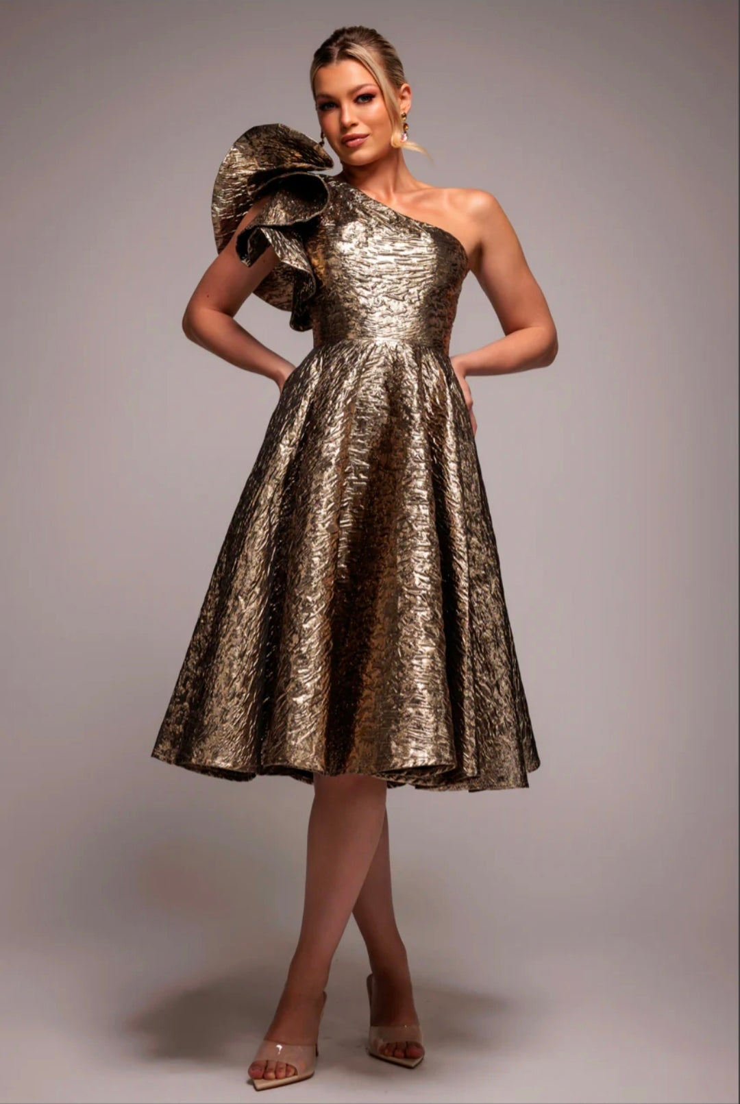 Bronze Gold Goddiva ONE SHOULDER FRILL JACQUARD SKATER MIDI DRESS