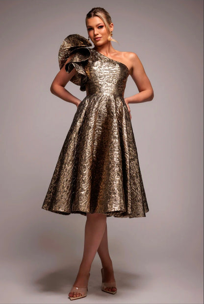 Bronze Gold Goddiva ONE SHOULDER FRILL JACQUARD SKATER MIDI DRESS