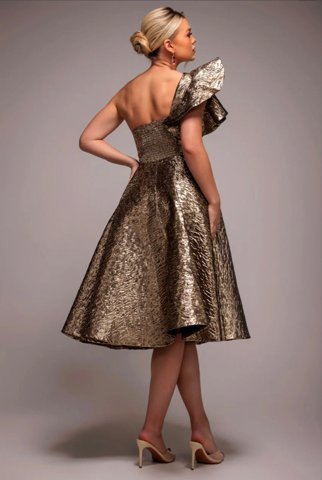 Bronze Gold Goddiva ONE SHOULDER FRILL JACQUARD SKATER MIDI DRESS