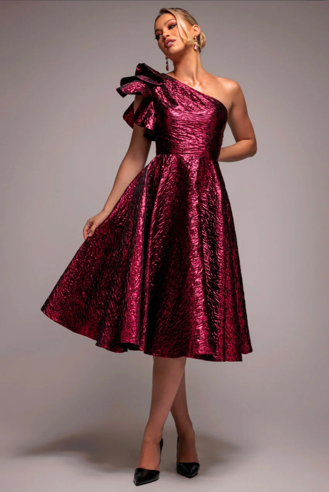 BURGUNDY RED GODDIVA ONE SHOULDER FRILL JACQUARD SKATER MIDI DRESS