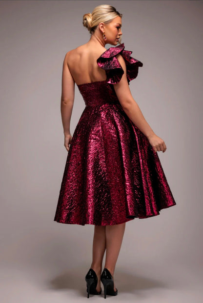BURGUNDY RED GODDIVA ONE SHOULDER FRILL JACQUARD SKATER MIDI DRESS