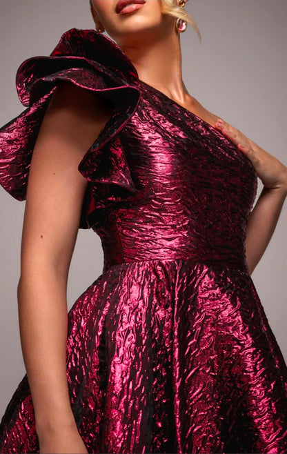 BURGUNDY RED GODDIVA ONE SHOULDER FRILL JACQUARD SKATER MIDI DRESS