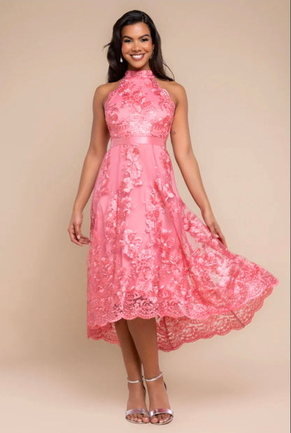 Coral Goddiva Halter Neck Lace High And Low Dress